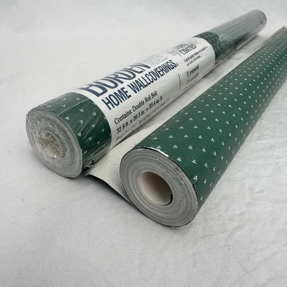Vintage Borden Home Wallcovering Vinyl Coated Wallpaper Rolls Green White Dots